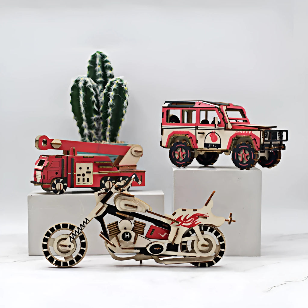 3D wooden puzzle kit showing a Ferrari style model with interlocking pieces on a table