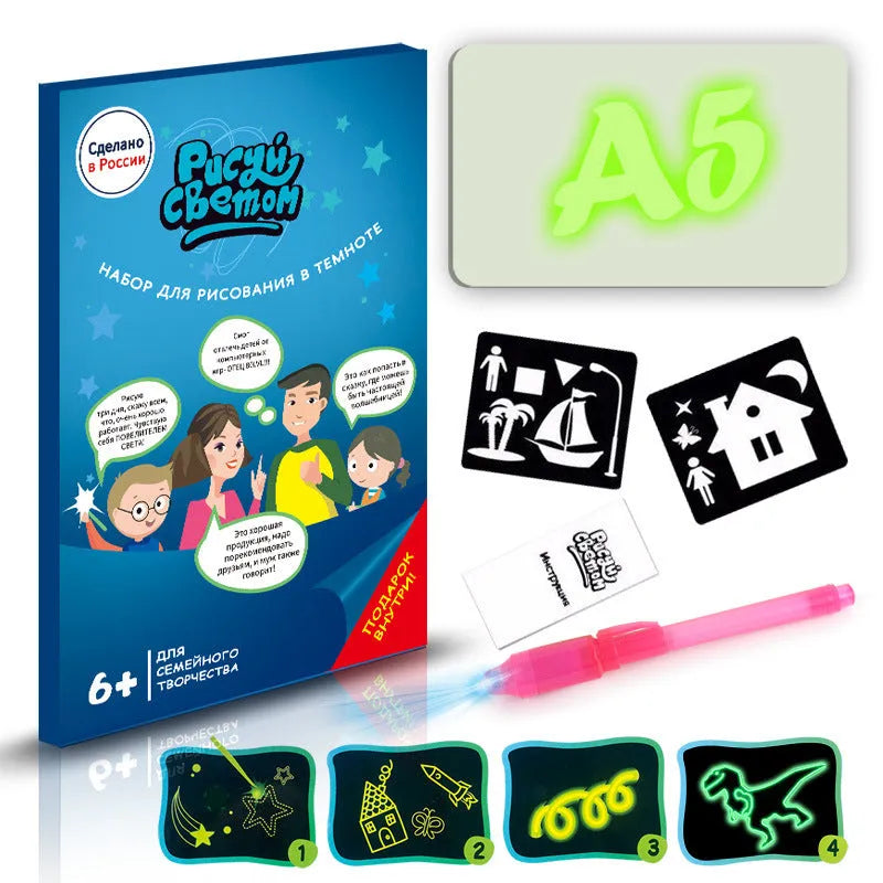 Educational drawing pad with light-accumulating coating, flashlight marker, and alphabet template for children aged 4-6.