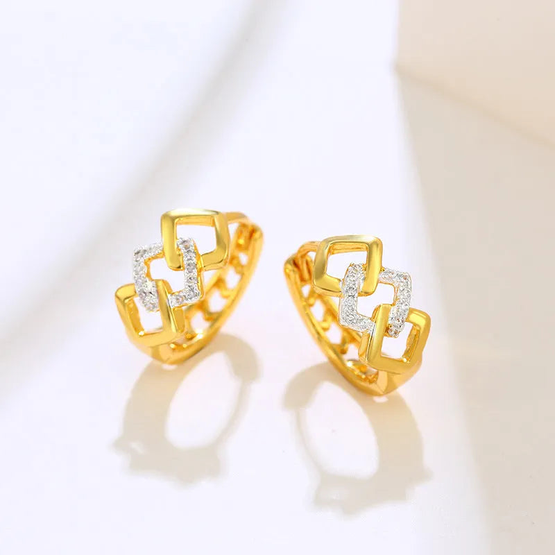 Gold geometric hollow-out earrings with electroplated finish and colour separation ear clip