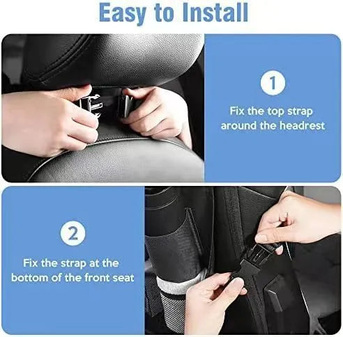 Black Oxford cloth buggy bag hanging behind car seat with dimensions 42x30 cm