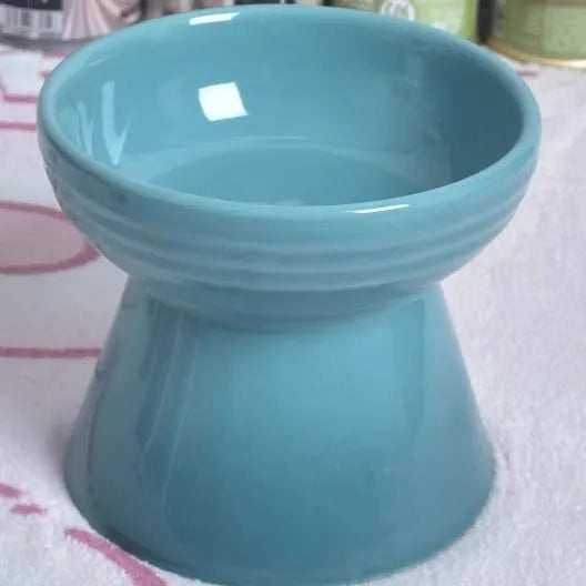 White ceramic pet bowl with a high foot neck and slanted rim for cat or dog feeding
