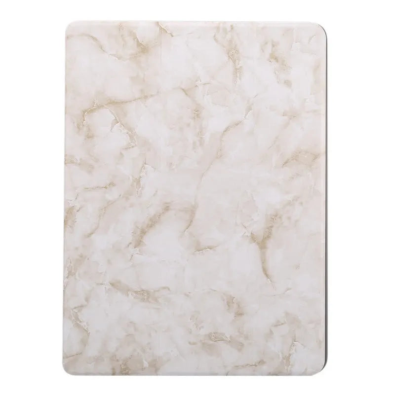 Tri-fold marbling design iPad case in dark grey with a visible pen slot on the side.