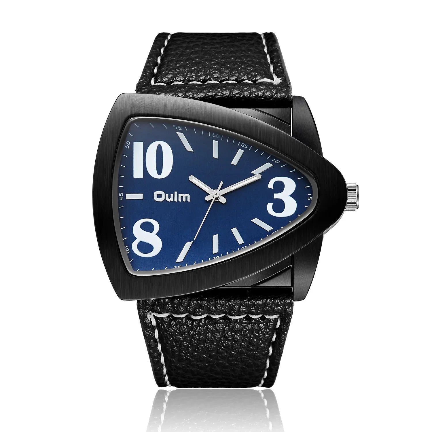 Men's casual brown triangle belt quartz watch with a 9mm thick case on a wrist.