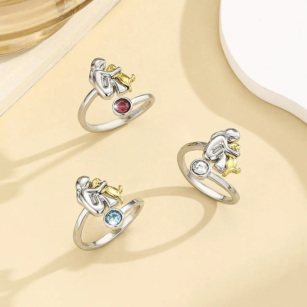 Adjustable birthstone open ring in zinc alloy with rhinestone detail and twelve month colour options