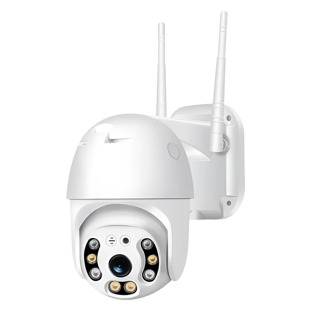 White hemispherical 4G remote monitor camera with 1080p 2MP sensor, 3.6mm lens, 32GB card and power supply