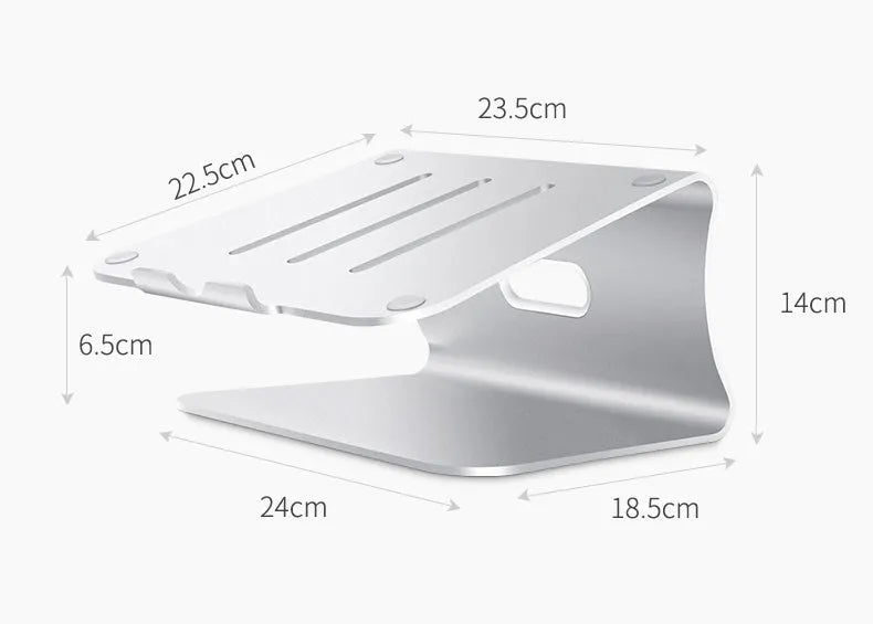 Silver aluminium laptop cooling stand with rotary base on a wooden desk, elevating a laptop.