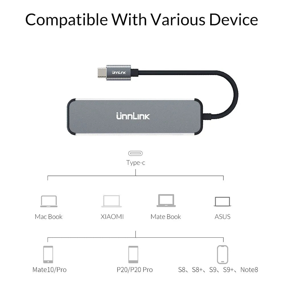 Silver aluminium alloy type-C docking station with HDMI, SD/TF card reader, and USB 3.0 ports on a desk