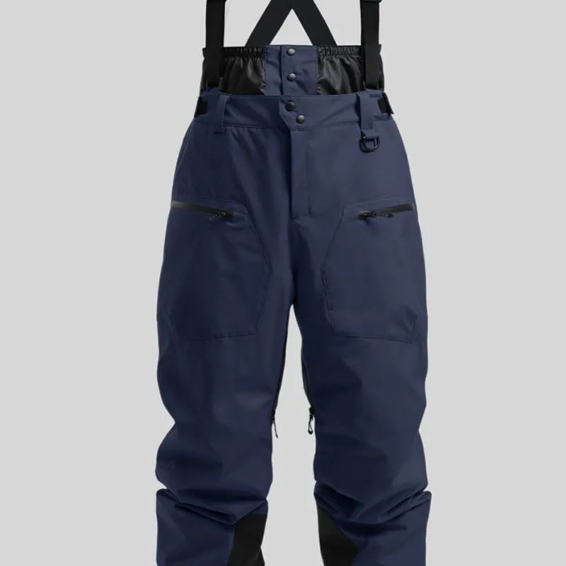 Men's black waterproof linen ski pants with waist strap and flame-retardant properties