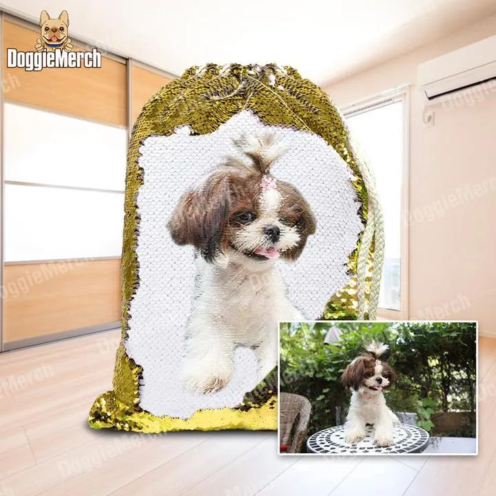 Custom purple sequins backpack displaying pet photo with drawstring closure