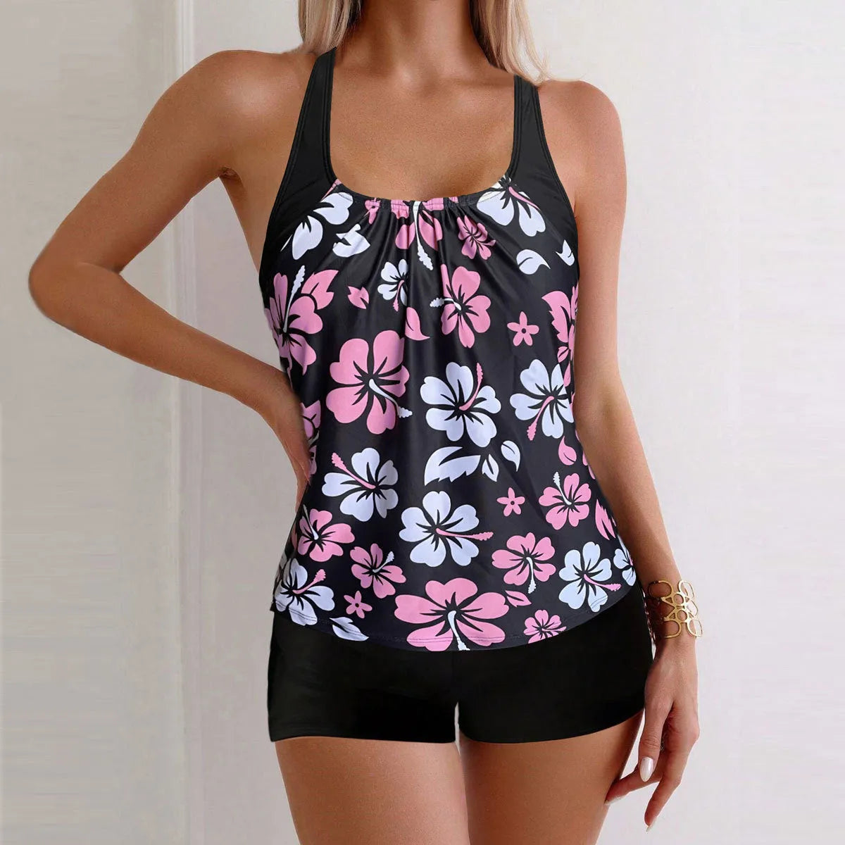 Lady sexy slim-fit printed boxers suit bikini set in blue flower pattern, polyester spandex, S-XXL