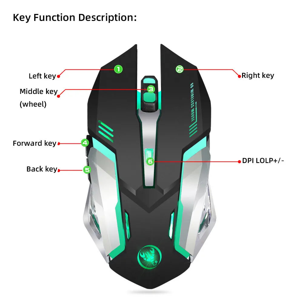 HXSJ black wireless gaming mouse with glowing LED lights and ergonomic shape for desktop use