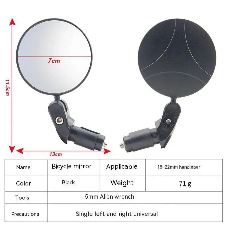 Black foldable convex rearview mirror for vehicles showing 7 cm diameter and extended arm.
