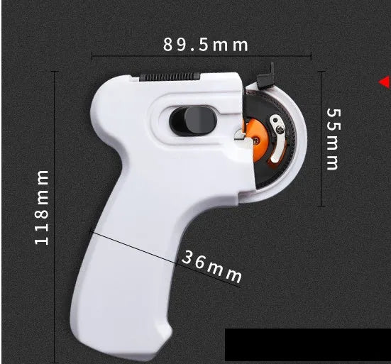 Fully automatic hook tie device in ABS plastic, shown in Black, Tan and White, with Long and Short size options for fishing hook tying.