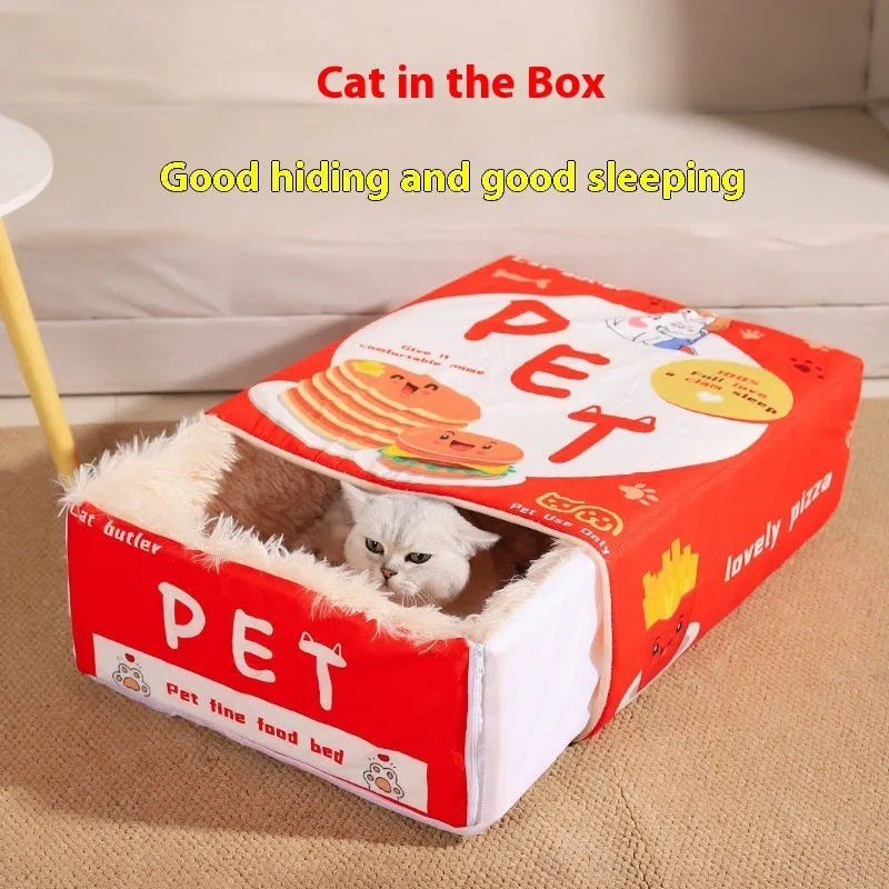 Rectangular fully enclosed cloth pet bed for cats, available in red and blue, sizes L and M