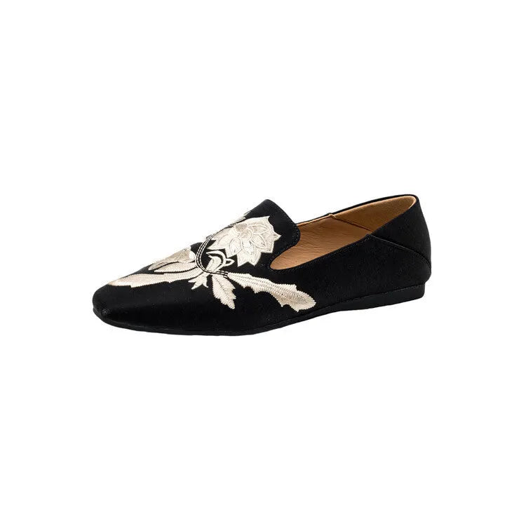 Women's embroidery low-cut flat pumps in retro fabric design with round toe and soft bottom