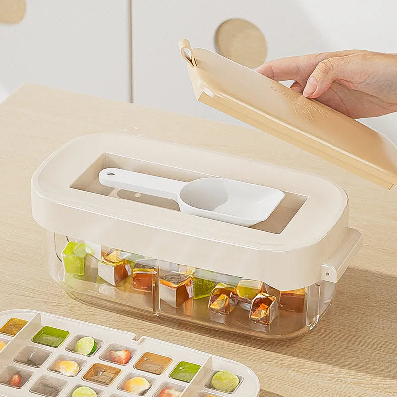 Food-grade high-capacity ice cube tray in blue with integrated storage for an ice shovel.