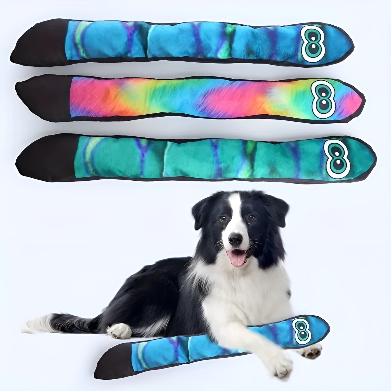 Multicolour stripe print snake plush dog squeaky toy on white background.