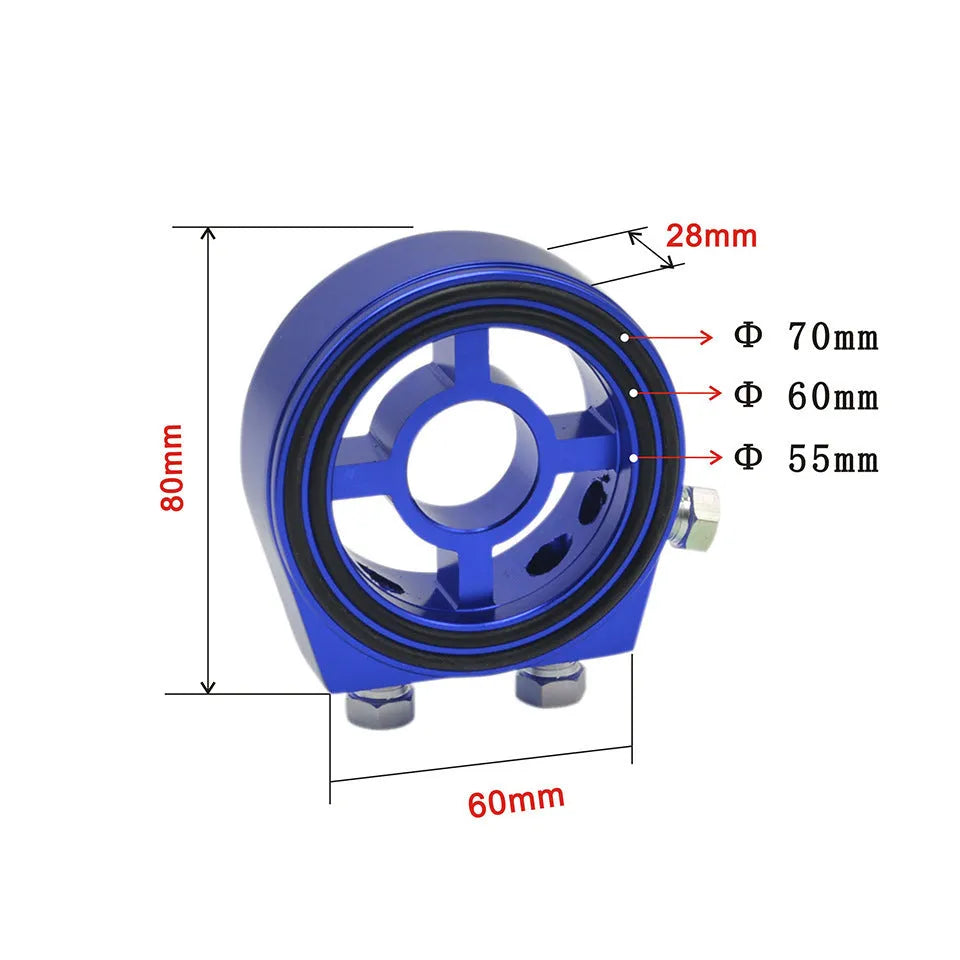 Universal oil pressure gauge adapter in aluminium alloy showing available colour options: red, blue, black, gold, silver.