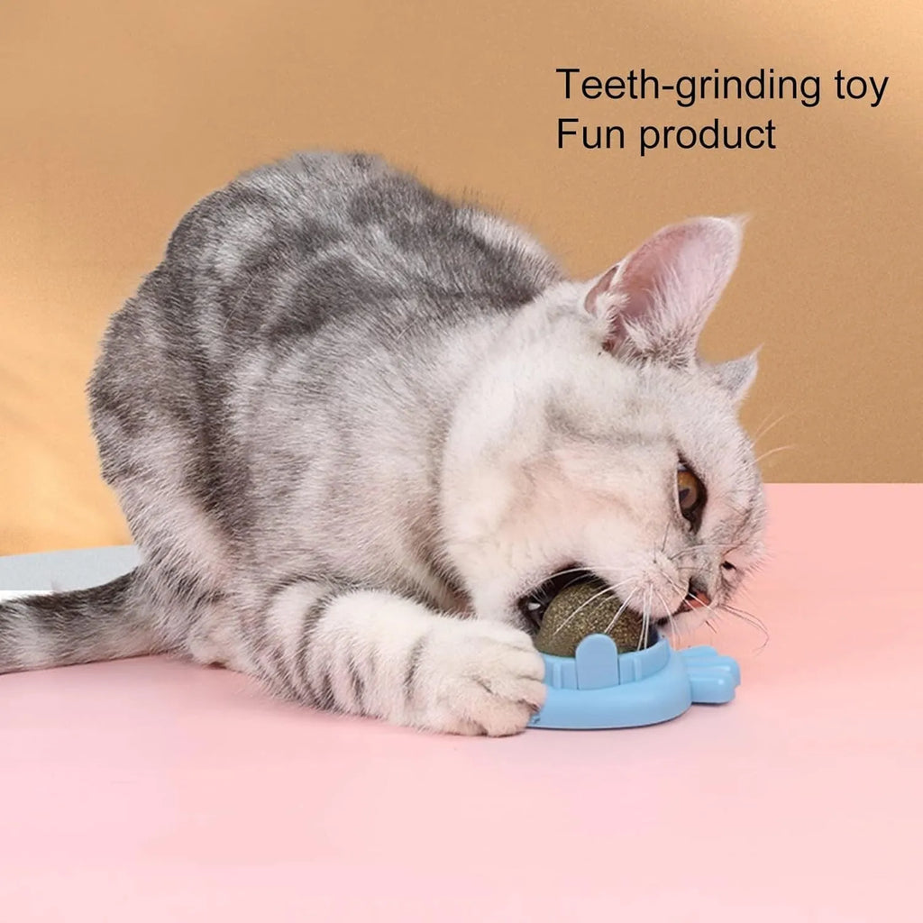 Blue carrot-shaped catnip toy with adhesive backing for wall mounting and dental cleaning