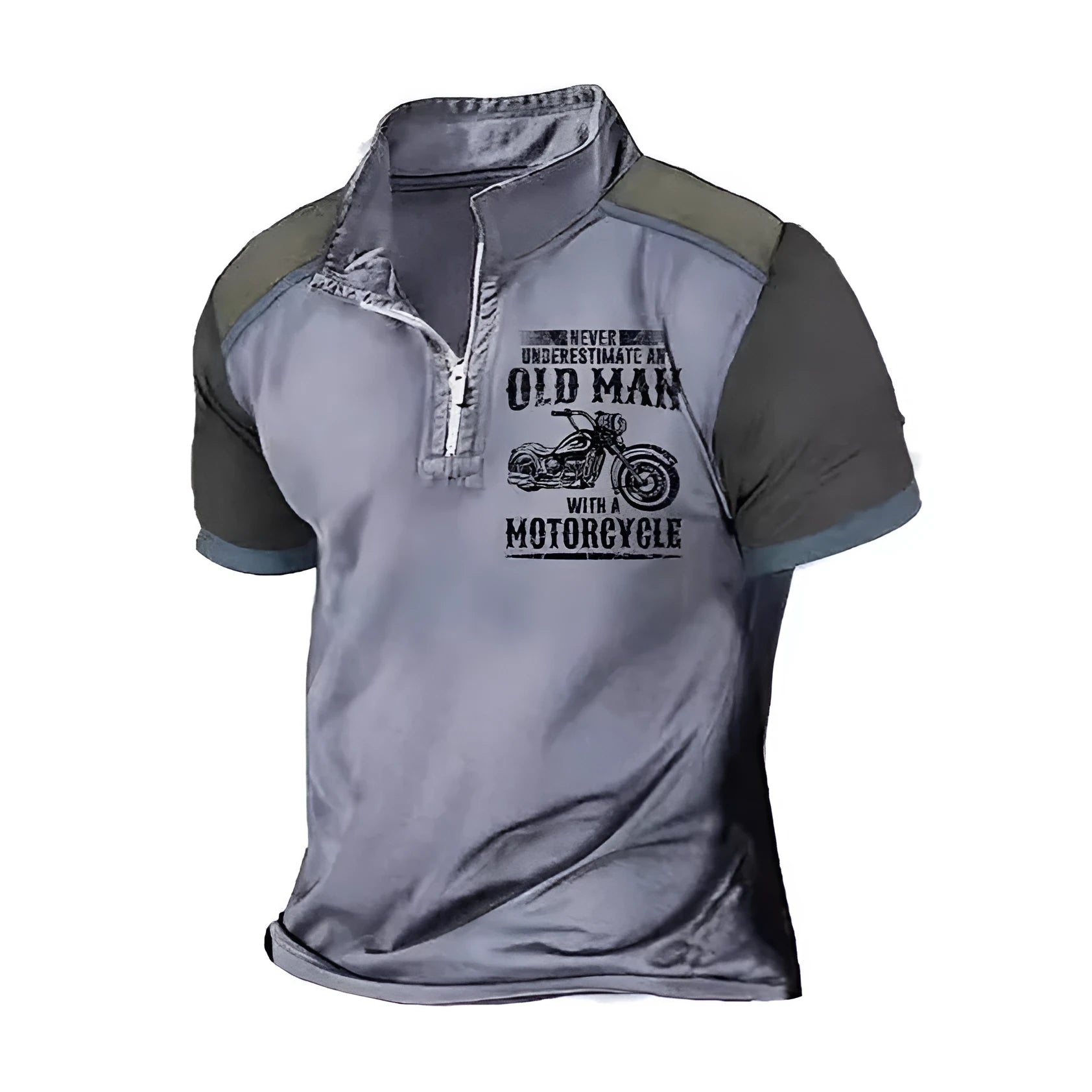 Men's casual short sleeve polo shirt with lapel, digital letter printing, and zipper decoration details.