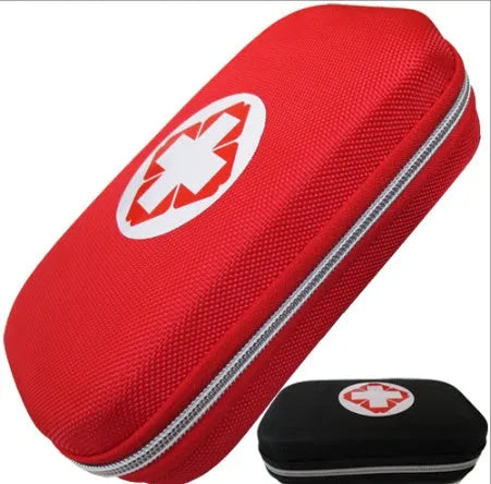 Red square plastic emergency survival medical kit box 21x13x6cm with 18 first aid pieces including scissors, bandage, plasters, and flashlight