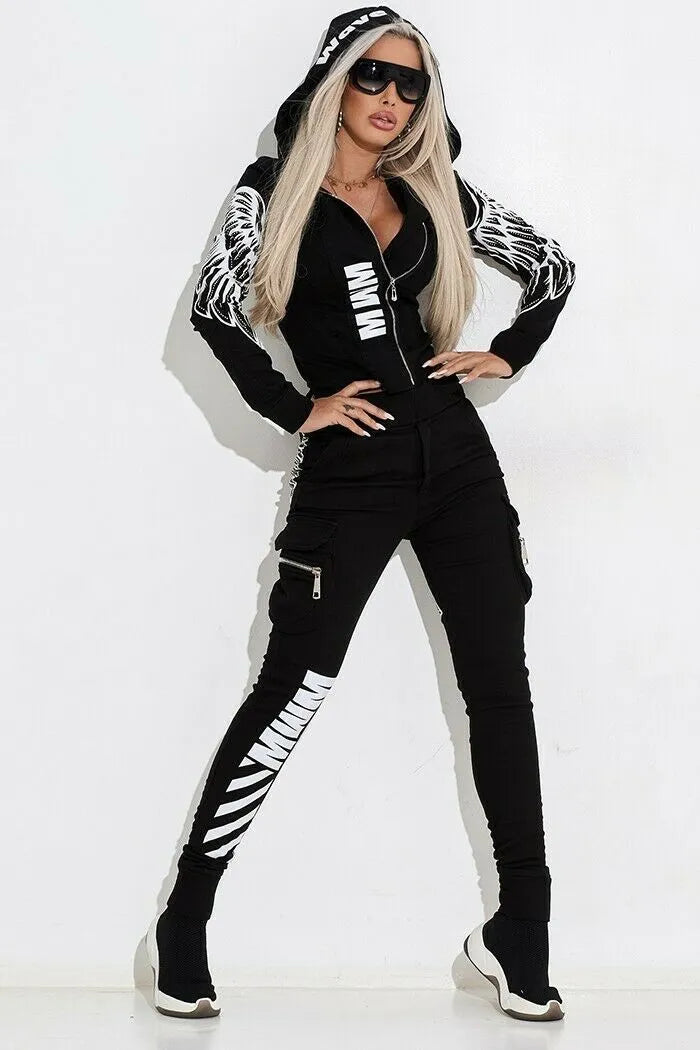 Black women's casual suit with wings print, featuring a hooded zip-up top and straight-leg trousers.