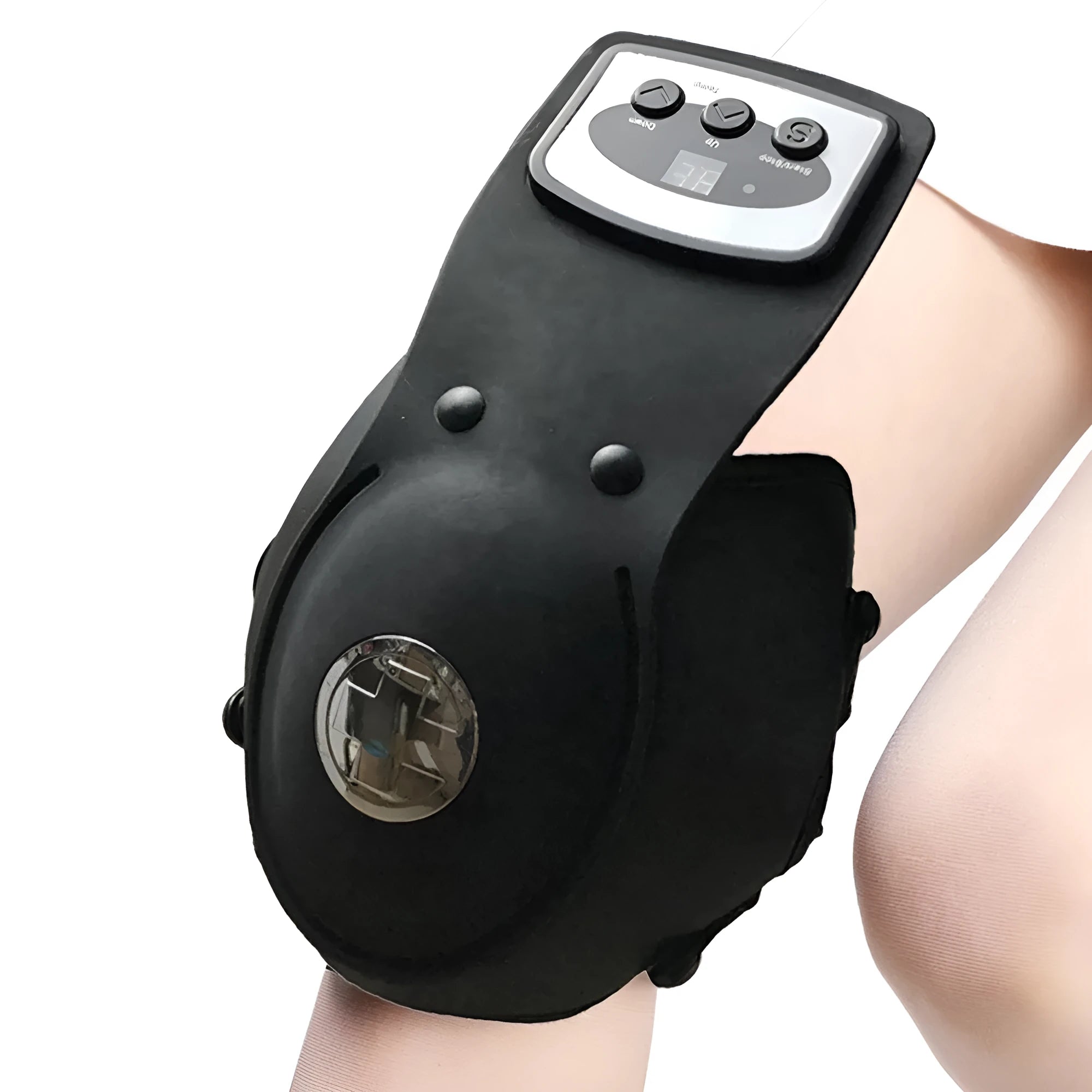 Portable infrared knee massager with adjustable heat control and shoulder pad attachment.