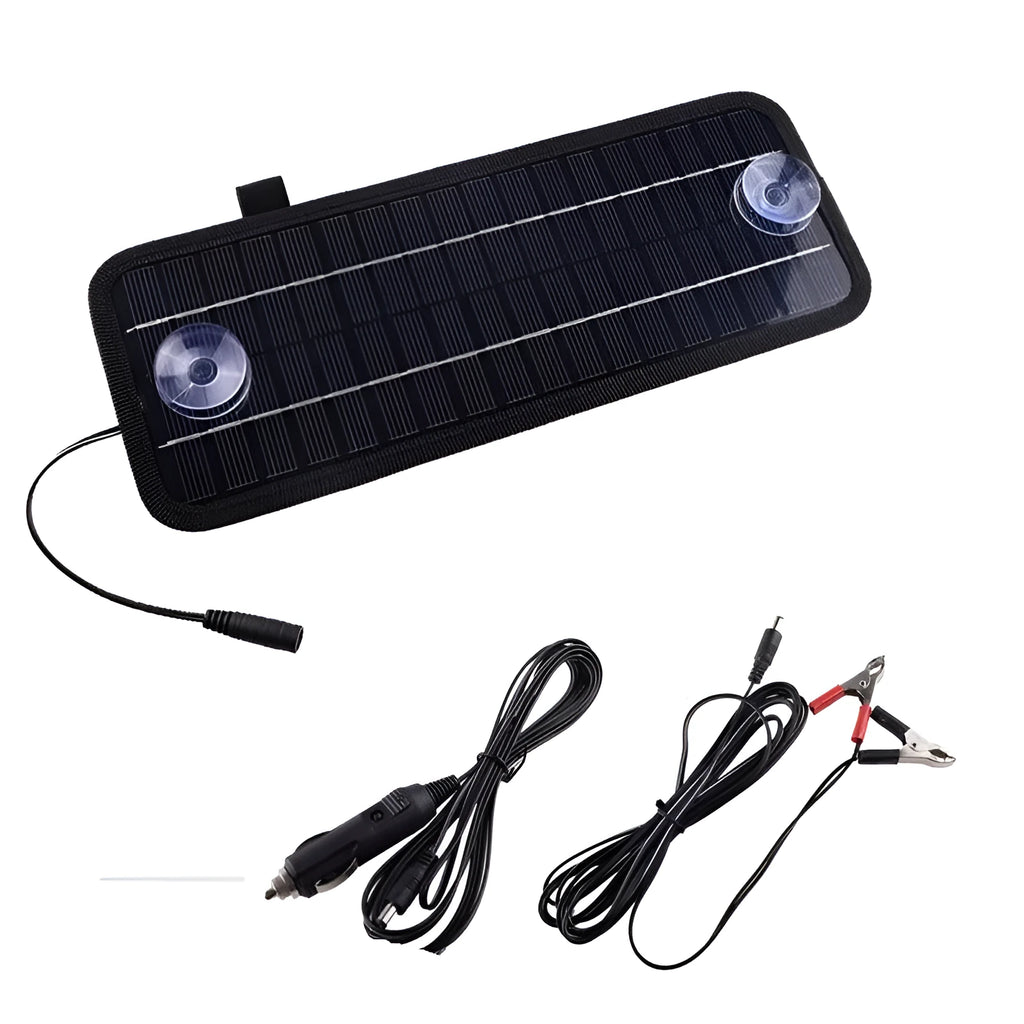 5W portable solar car battery charger with monocrystalline panel and elastic straps for sun visor mounting