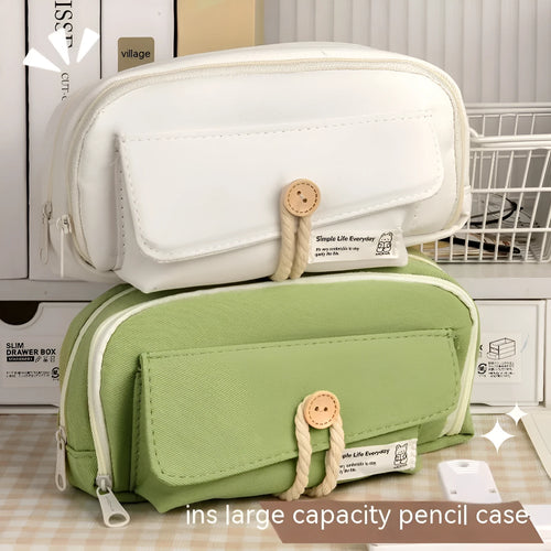 Green canvas button pencil case showing large capacity for pens in Korean style design.