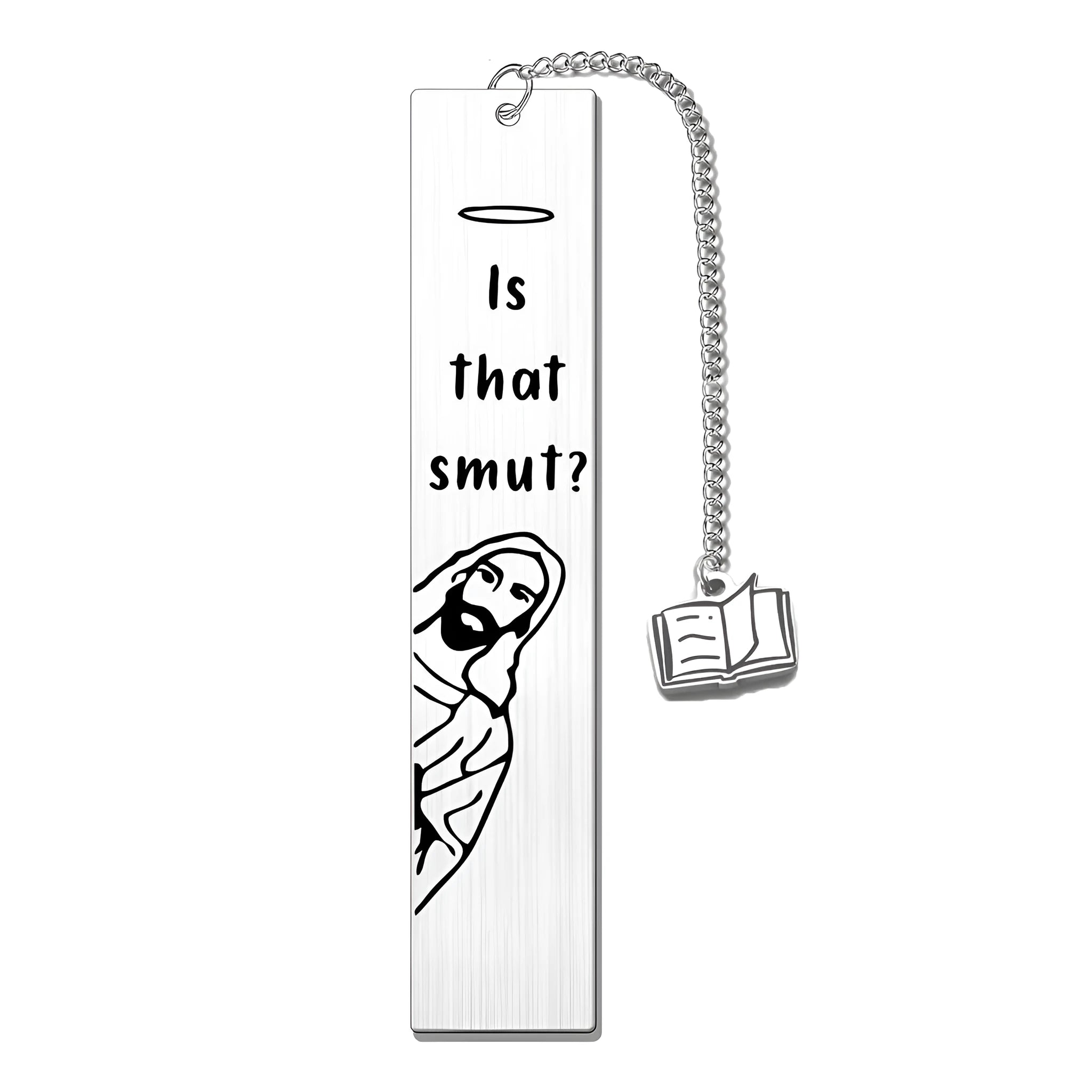 Stainless steel bookmark with tassel and engraved lettering in a gift box.