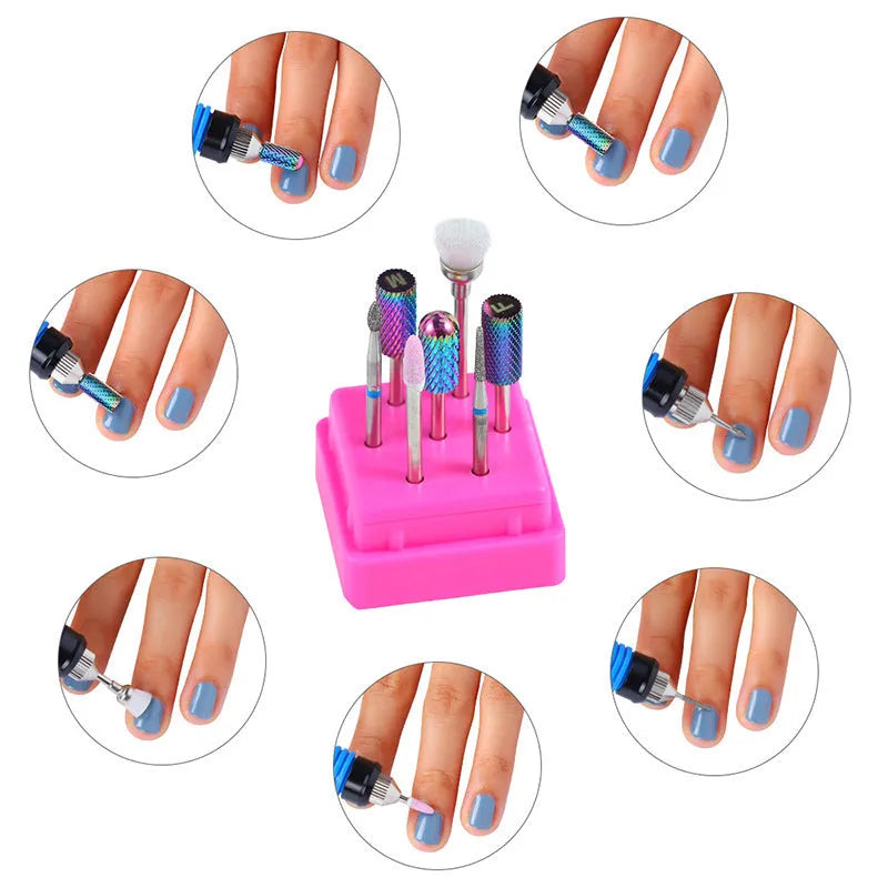 Tungsten steel nail drill bit set with six bits and one brush in a transparent case