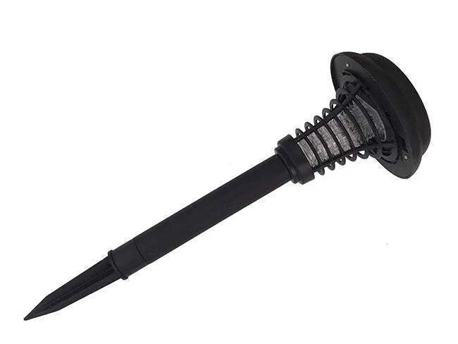 Black solar-powered garden insect lamp with white and UV purple light, 42cm tall.