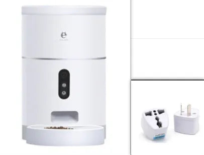 White ABS automatic pet feeder, 4L capacity, 31cm high, with 1080P camera and 113° wide-angle view for dry food.