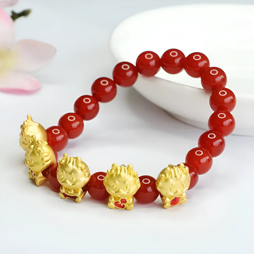 Red agate bracelet with Wufu Dragon design on 8mm beads