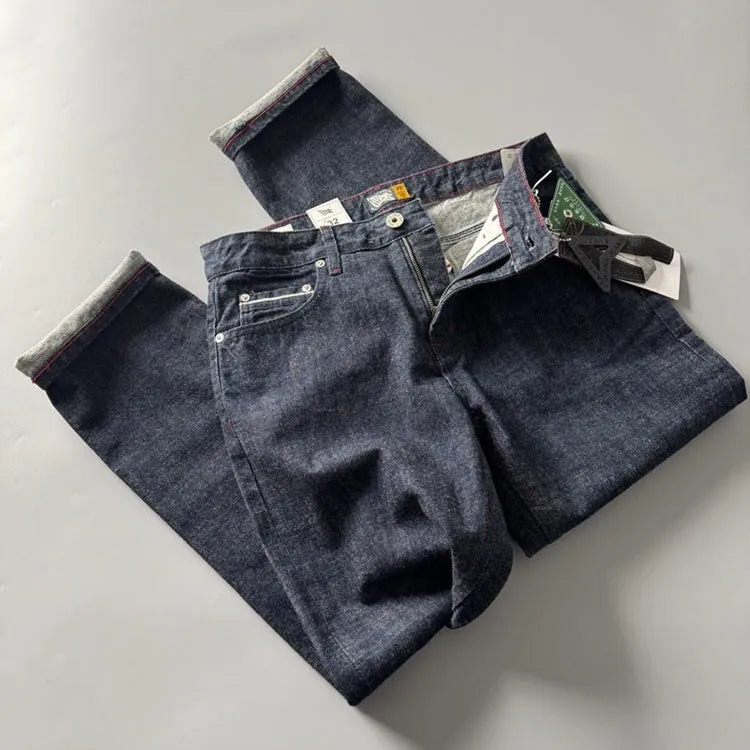 Men's straight-leg denim jeans in primary colour with classic American retro styling
