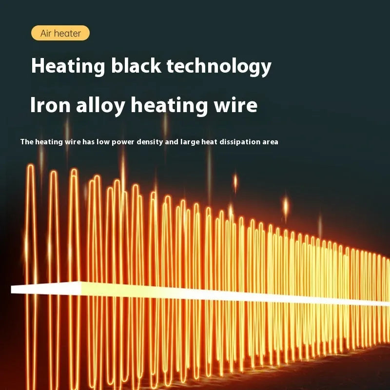 Compact white electric desktop heater with power settings, shown on a desk.