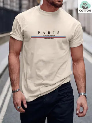Men's short-sleeved pure cotton T-shirt with a printed letter design in a loose fit.