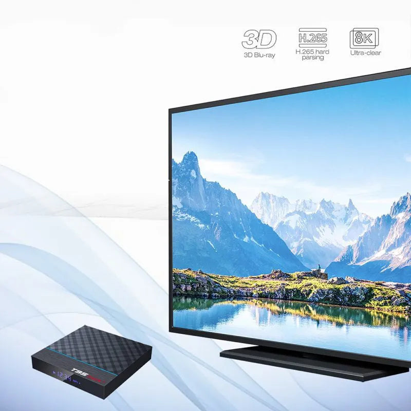 Black T95 Max Plus Android TV Box with remote, showing UK plug power adapter.