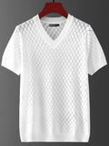 Man wearing a black Korean-style ice silk V-neck t-shirt, showcasing the cut-out detail and casual fit.