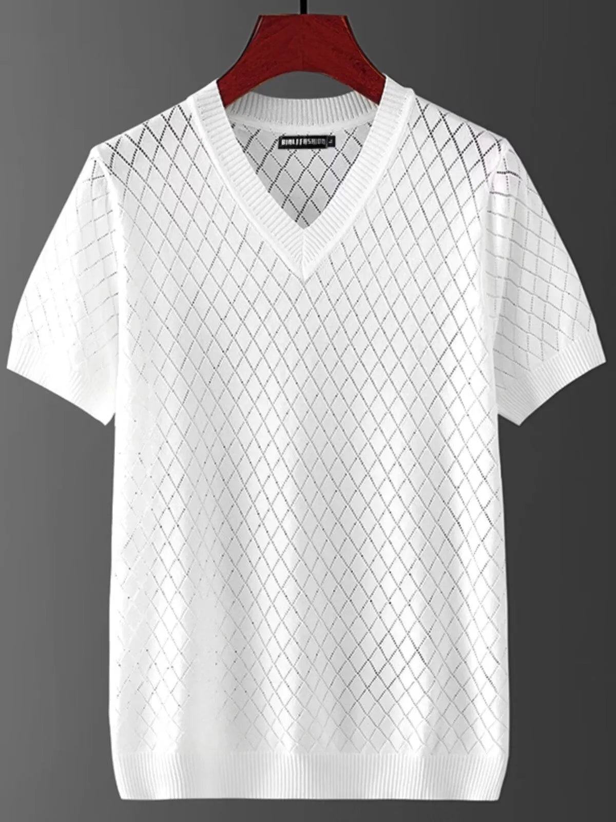 Man wearing a black Korean-style ice silk V-neck t-shirt, showcasing the cut-out detail and casual fit.