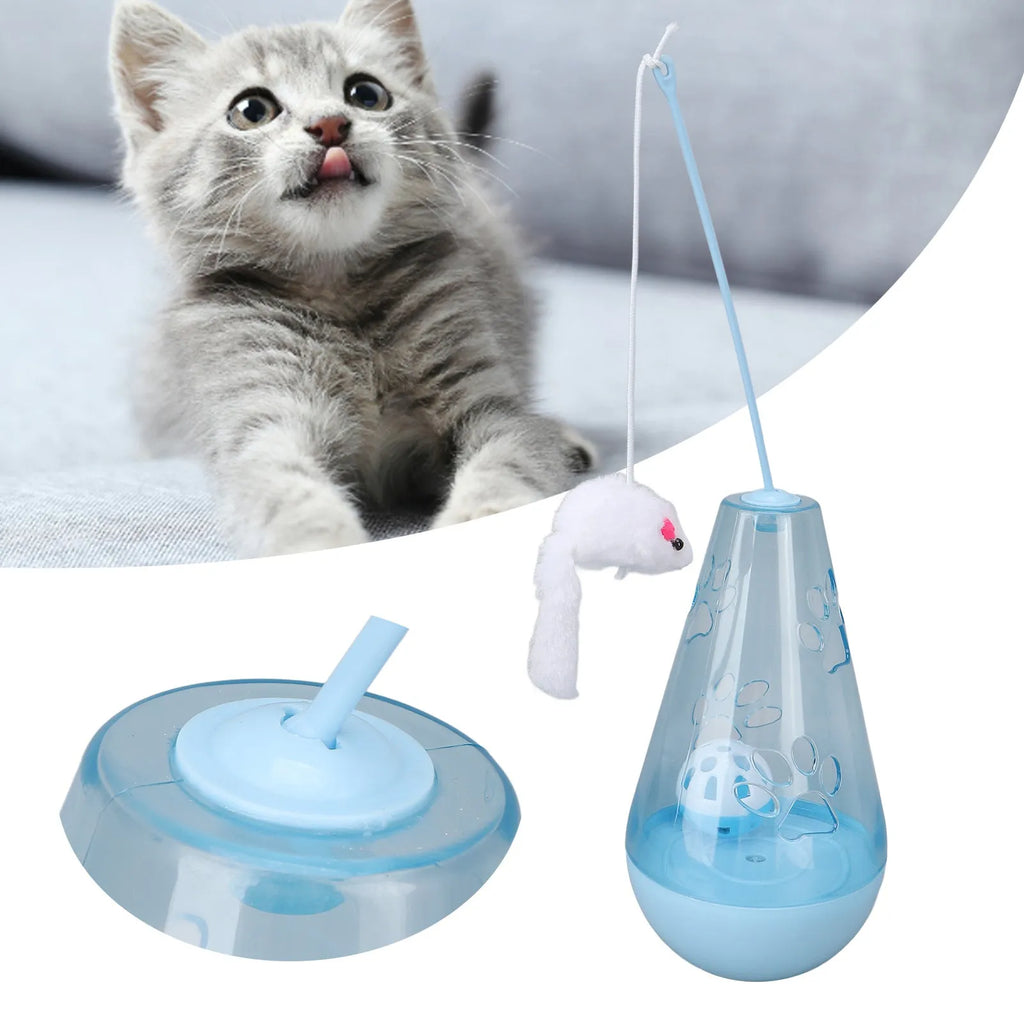 Blue and yellow cat toy with bell ball, plush mouse stick and snack dispenser