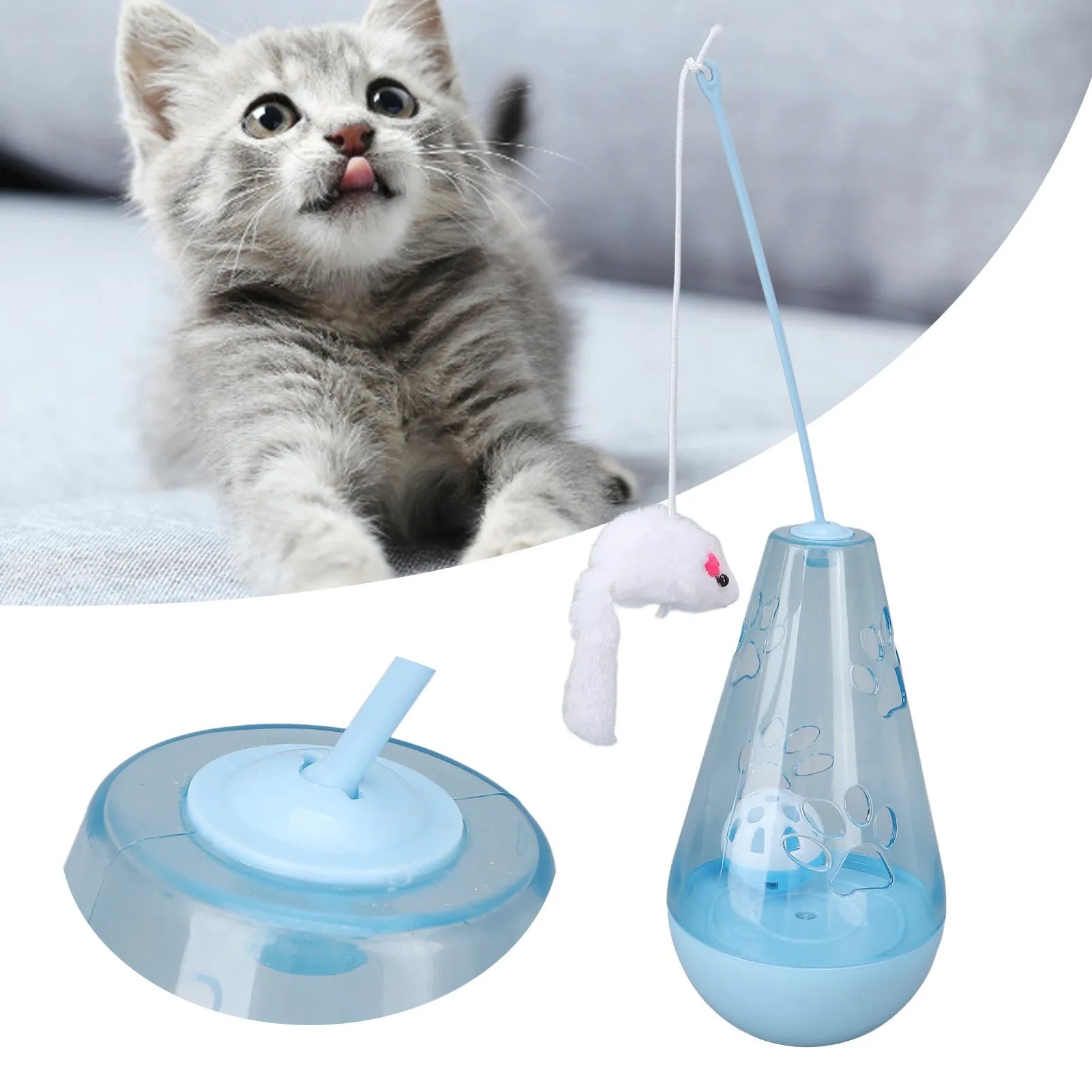 Blue and yellow cat toy with bell ball, plush mouse stick and snack dispenser