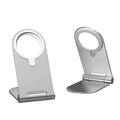 Silver adjustable magnetic phone bracket for iPhone 12 shown in a compact, portable design.
