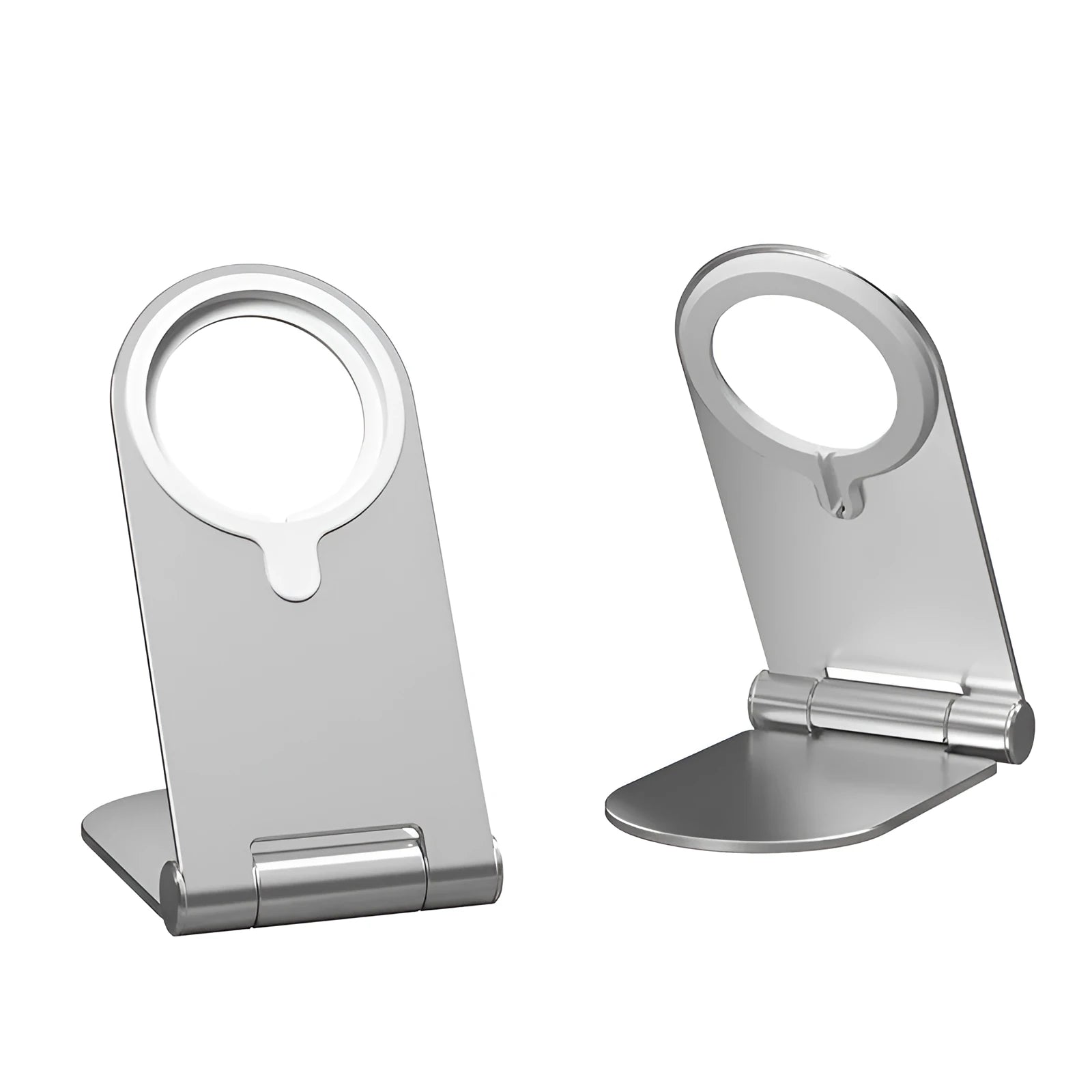 Silver adjustable magnetic phone bracket for iPhone 12 shown in a compact, portable design.