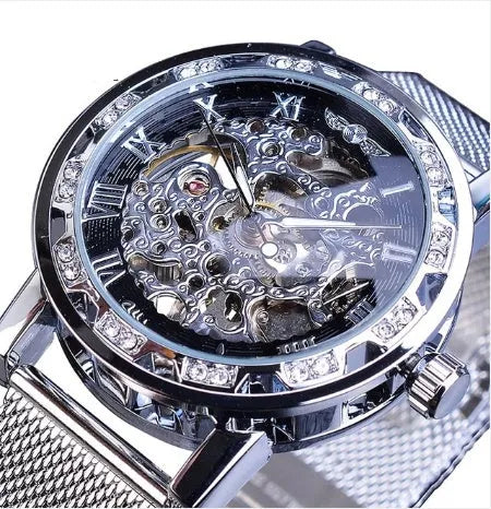 T-WINNER hollow diamond men's semi-automatic mechanical watch with stainless steel strap and 40mm round dial