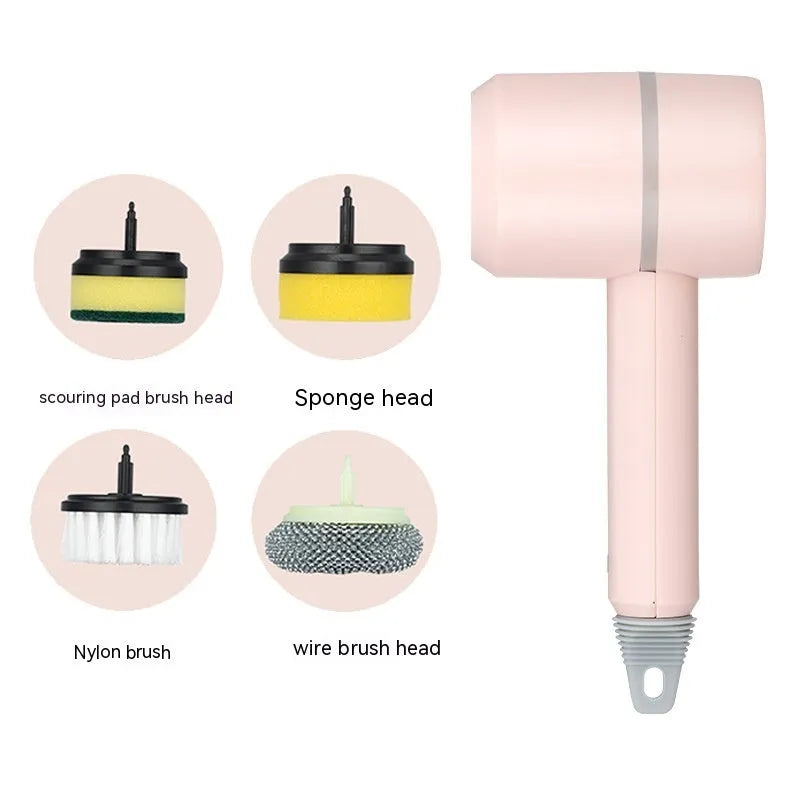 Electric cleaning brush with three interchangeable brush heads, pink, cordless and USB rechargeable