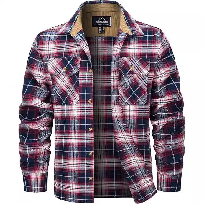 Men's polyester flannel button shirt with plaid pattern in multiple colour options