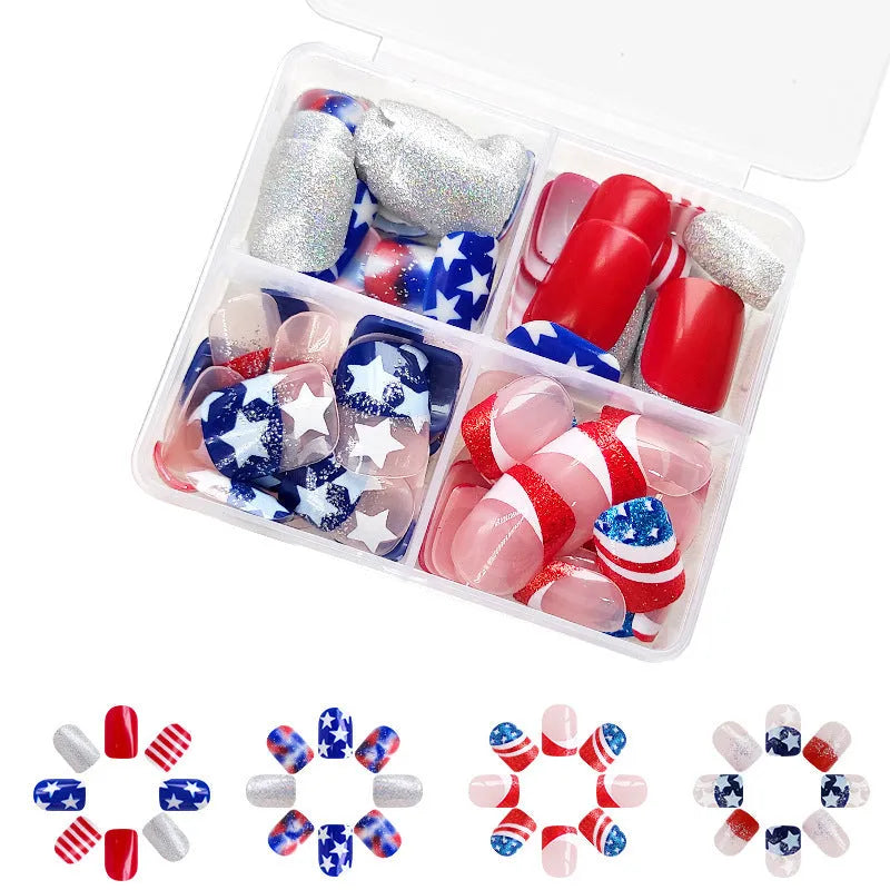 Independence Day nail stickers with American five-pointed stars in red, white, and blue colours