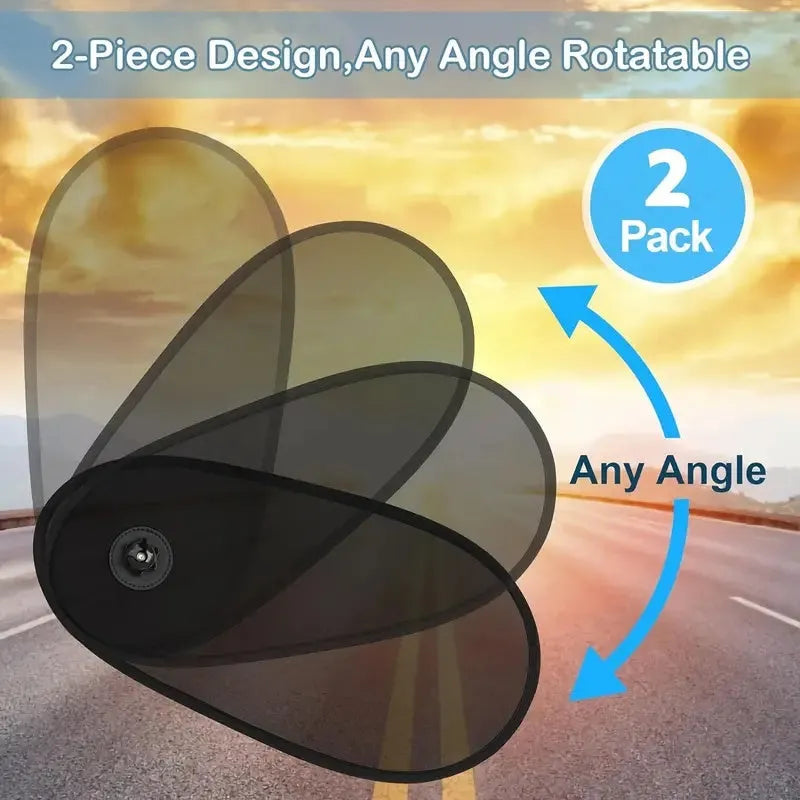 Black stretchy car side window sunshade fitted on glass with suction cups, shown twisted for storage.