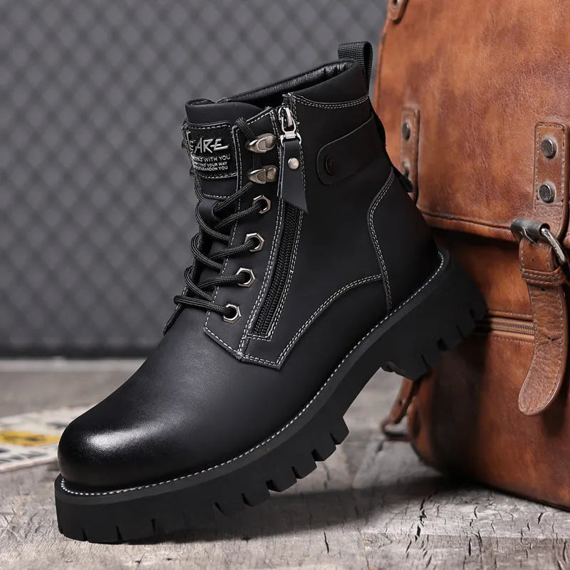 Men's brown leather high-top boots with velvet trim, side zip, and round toe design